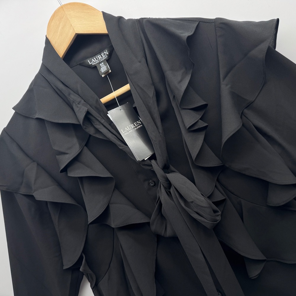 Lauren Ralph Lauren Blouse Womens S Black Ruffle Tie Neck Long Sleeve Top